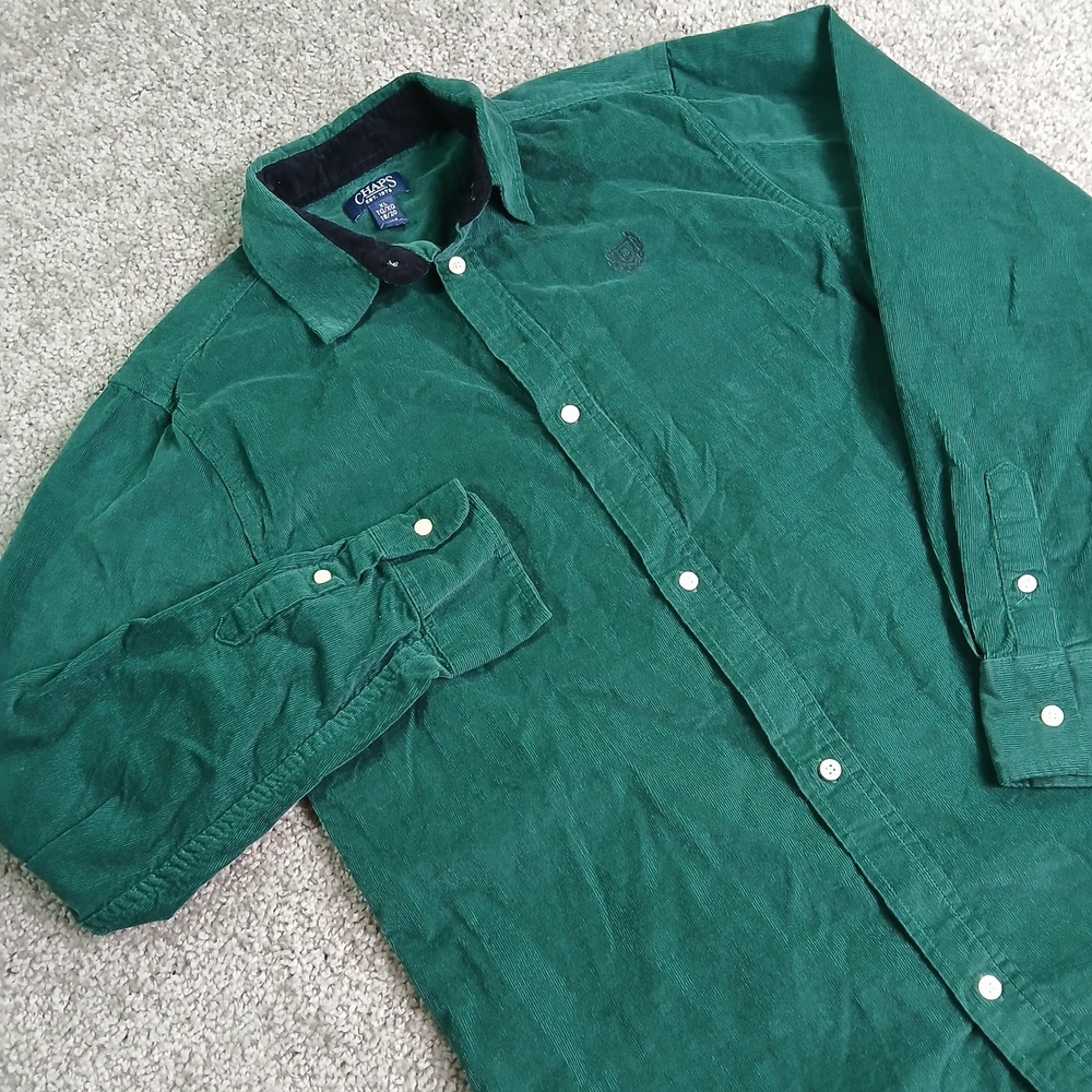 Chaps Boys XL 18/20 Corduroy Button Down Shirt Green Long Sleeve Cotton Crest